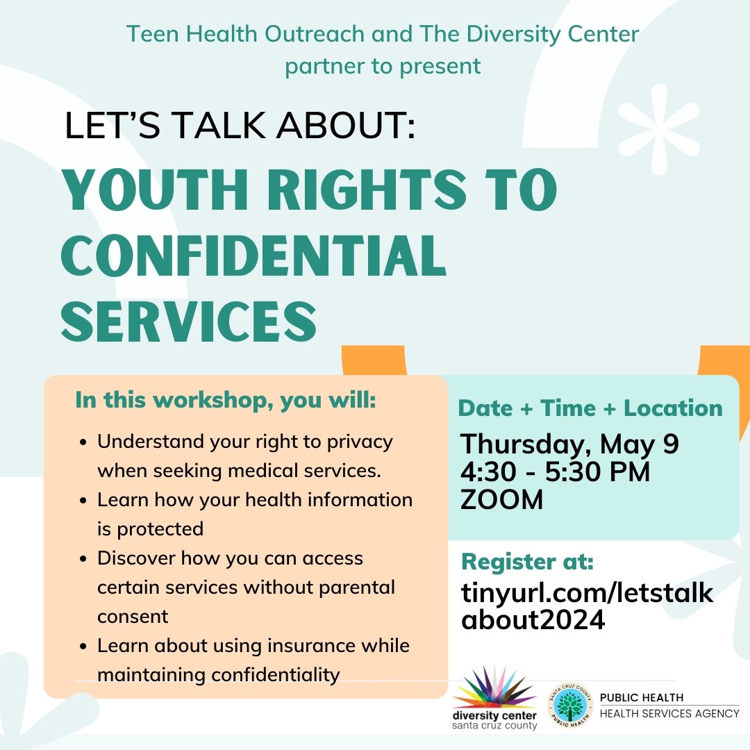 Teen Health Outreach and The Diversity Center are parenting to offer a virtual talk series called Let&rsquo;s Talk About&hellip;.. 

Are you curious about your rights when it comes to confidential health services? Join us for Let's Talk About....Yout