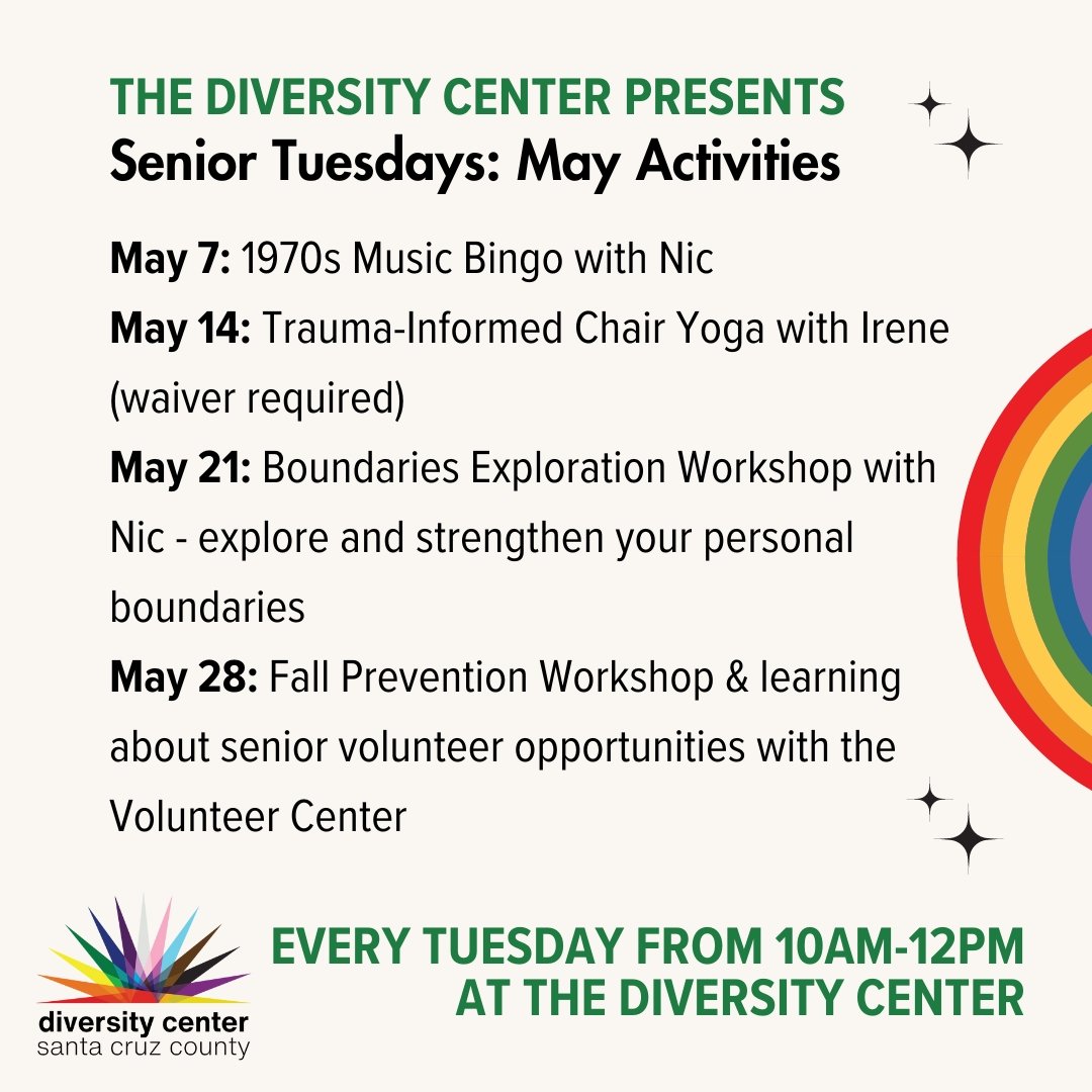 Join your community every Tuesday between 10am-12pm at The Diversity Center. Nic is ready with a different activity or workshop each week, and senior volunteers are on hand with snacks, beverages, and community. 

May 7: 1970s Music Bingo with Nic 
M