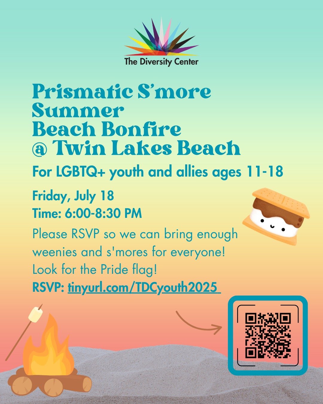 🌈✨Join us for a S&rsquo;more Summer Love Bonfire at Twin Lakes Beach! We&rsquo;ll be roasting weenies, making s&rsquo;mores, and soaking up the magic of summer together.
📍 Look for the white canopy with the pride flag!
🍢 Food &amp; snacks provided