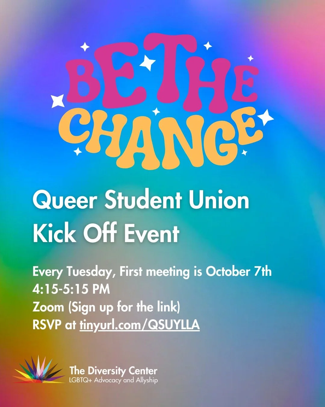 Queer Student Union
Date: Kickoff meeting Saturday, October 4
Weekly Zoom meetings start Tuesday, October 7
Time / Location: Zoom meetings are held weekly on Tuesdays, 4:00-5:00.
In-person meetings are held once per month on Saturdays, 11:00 AM to 3: