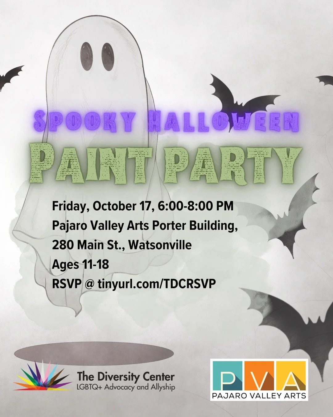 Youth Spooky Halloween Paint Party
Date: Friday, October 17
Time: 6:00-8:00 pm
Location: Pajaro Valley Arts, Porter Building, 280 Main St., Watsonville
Ages: 11-18
RSVP: https://tinyurl.com/TDCRSVP

Gather your ghastly ghoulfriends and join us for a 