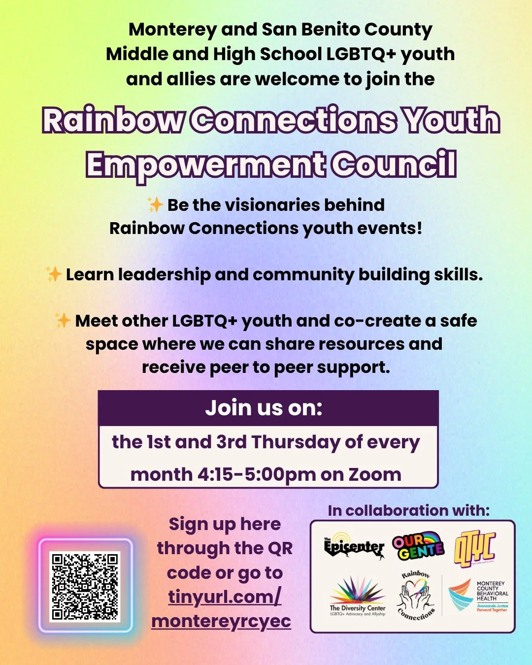 🌈 Join the Rainbow Connections Youth Empowerment Council! 🌈

✨ Be the visionaries behind Rainbow Connections youth events!

✨ Learn leadership and community-building skills.

✨ Meet other LGBTQ+ youth and co-create a safe space where we can share r