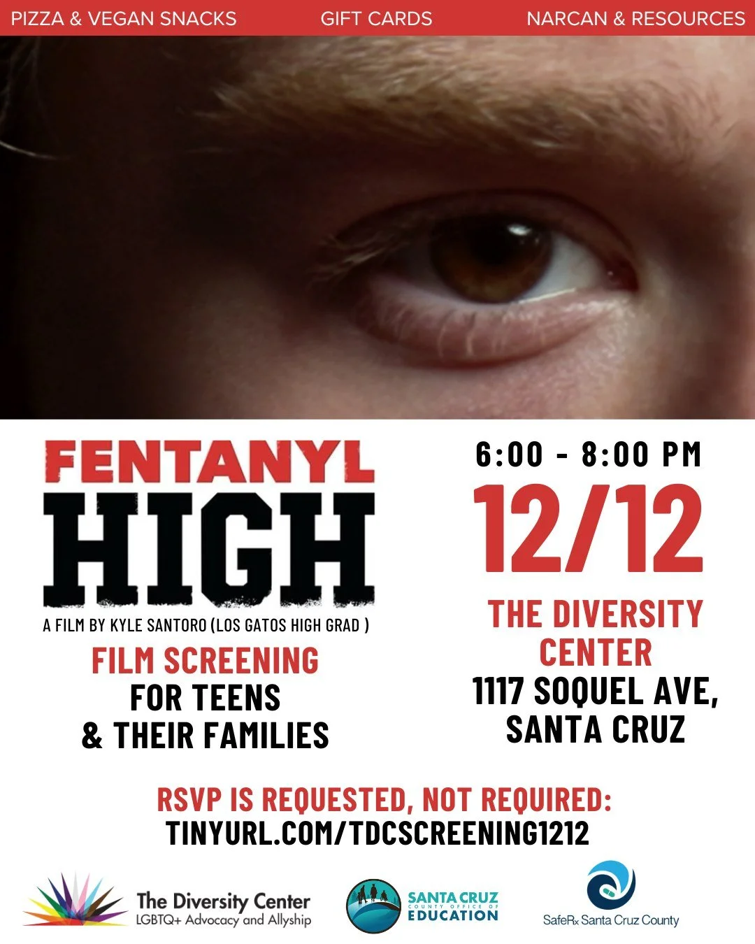 Movie Screening: Fentanyl High
Date: Friday, December 12
Time: 6:00 - 8:00 pm
Location: The Diversity Center
Ages: Teens and their families
RSVP: tinyurl.com/TDCscreening1212

Amid rising concerns among families, health providers, and educators, we a