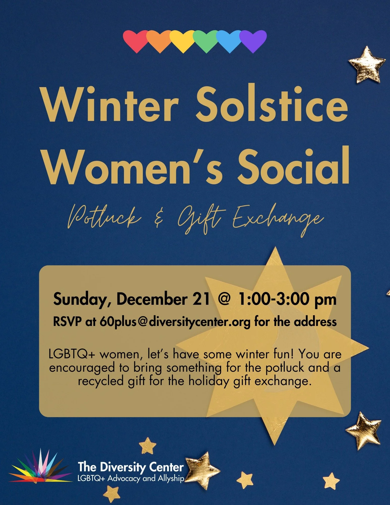 Women&rsquo;s Winter Solstice Social: Potluck &amp; Recycled Gift Exchange! Join your fellow LGBTQ+ women for a special winter solstice social! Antonia and Nalini are hosting. We will exchange gifts (bring something recycled or upcycled) and enjoy li