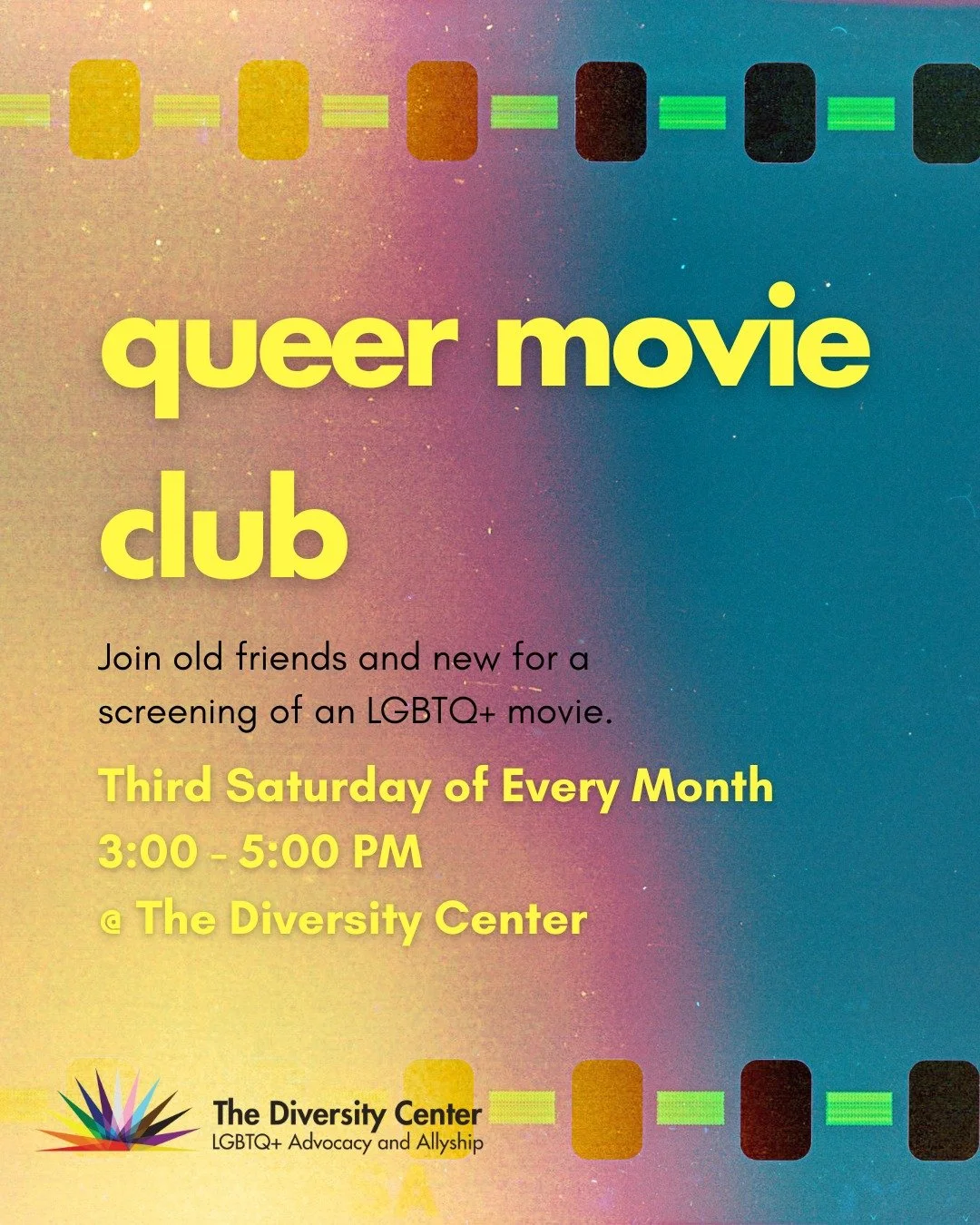 Queer Movie Club 🍿
Date: Saturday, March 21
Time: 3:00 - 5:00 pm
Location: The Diversity Center
Ages: 18+

Join us for an LGBTQ+ matinee movie! We&rsquo;ve got popcorn, snacks, and a big screen, and we&rsquo;re ready for some fun and conversation!