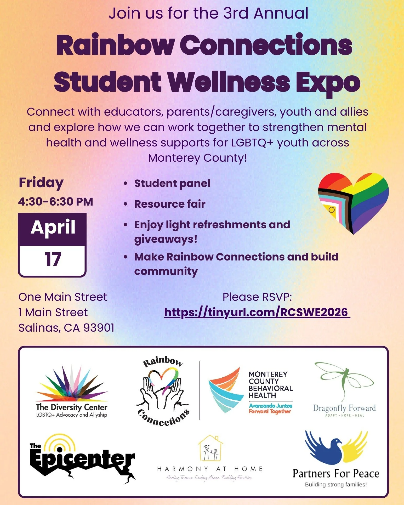 🎉Join us for the 3rd Annual Rainbow Connections Student Wellness Expo, a dynamic and welcoming space to learn, connect, and uplift LGBTQ+ students and families. This year, we&rsquo;re excited to feature a student panel along with interactive activit