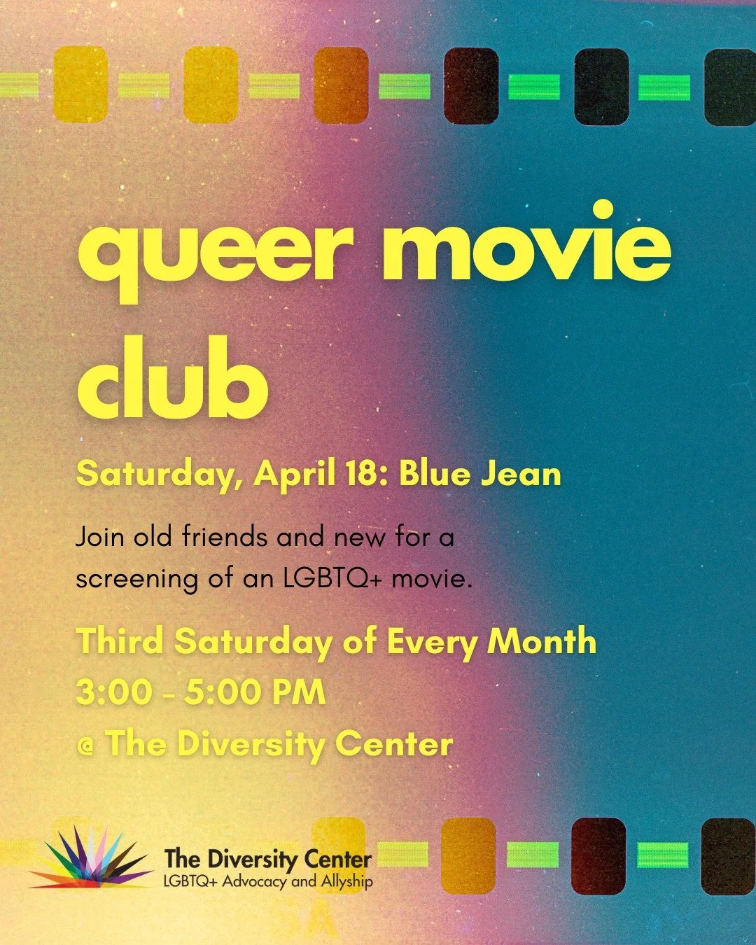 Queer Movie Club
Date: Third Saturday of Every Month
Time: 3:00 - 5:00 pm
Location: The Diversity Center
Ages: 18+

Join us for an LGBTQ+ matinee movie! We&rsquo;ve got popcorn, snacks, and a big screen, and we&rsquo;re ready for some fun and convers
