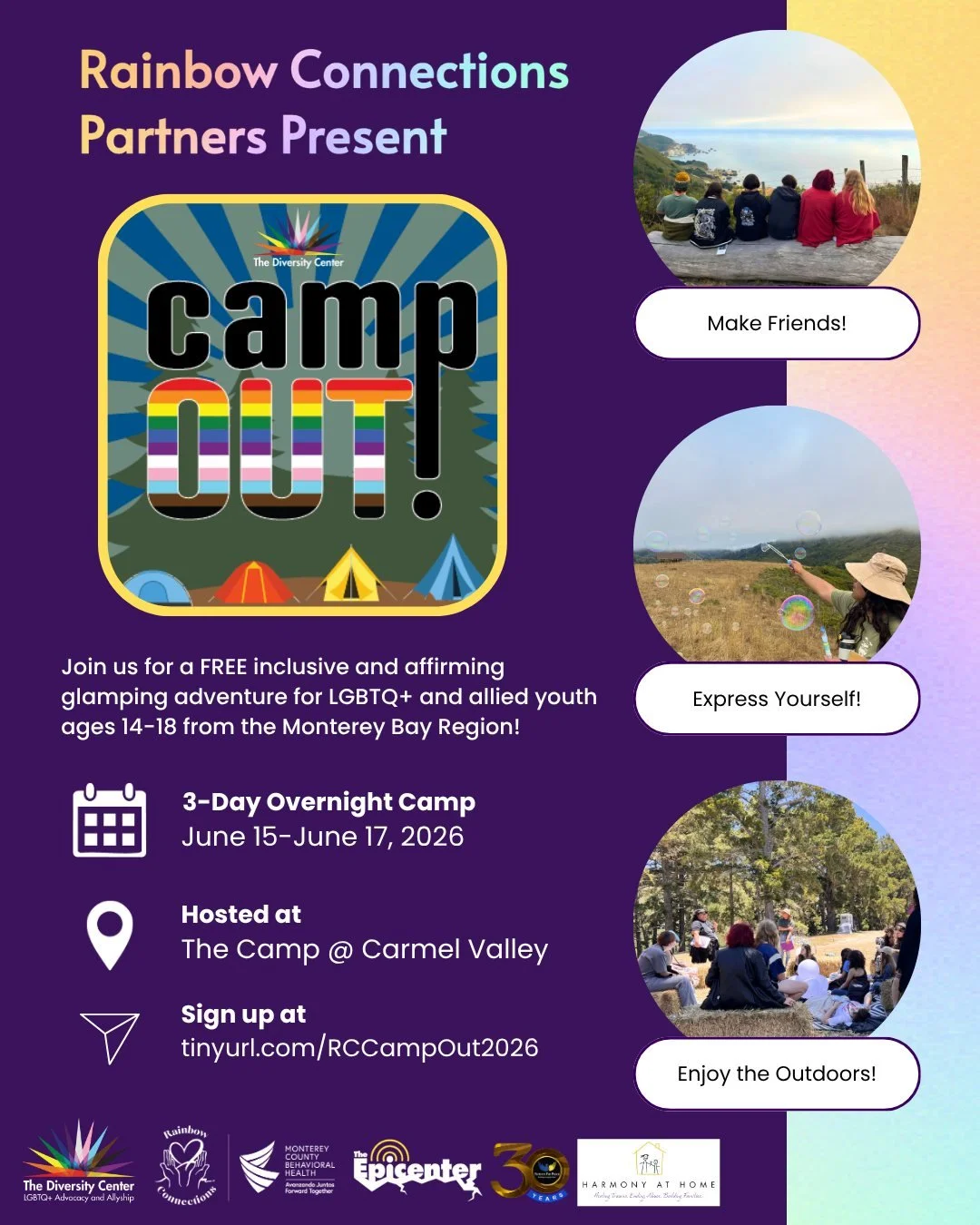 🌈 Rainbow Connections CampOUT 🌄
Date: Monday, June 15 - Wednesday, June 17
Location: The Camp at Carmel Valley
Ages: High School students in Monterey, San Benito, and Santa Cruz Counties
RSVP: tinyurl.com/RCCampOut2026

Rainbow Connections CampOUT 
