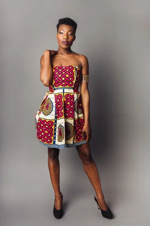 Burgundy, Yellow & Blue African Print Mini Dress Living in Light Burgundy, Yellow & Blue African Print Mini Dress Living in Light