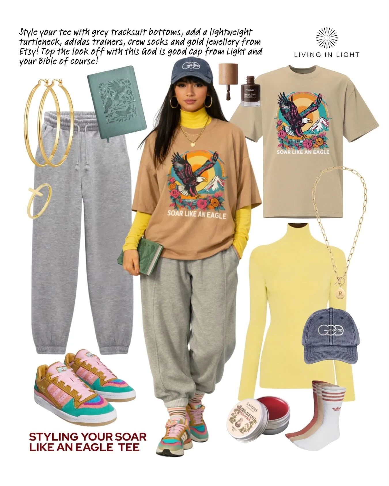 Another beaut look for you to style your Living in Light Tee!

Style your tee with grey tracksuit bottoms, add a lightweight turtleneck, adidas trainers, crew socks and gold jewellery from Etsy! Top the look off with this God is good cap from Light a