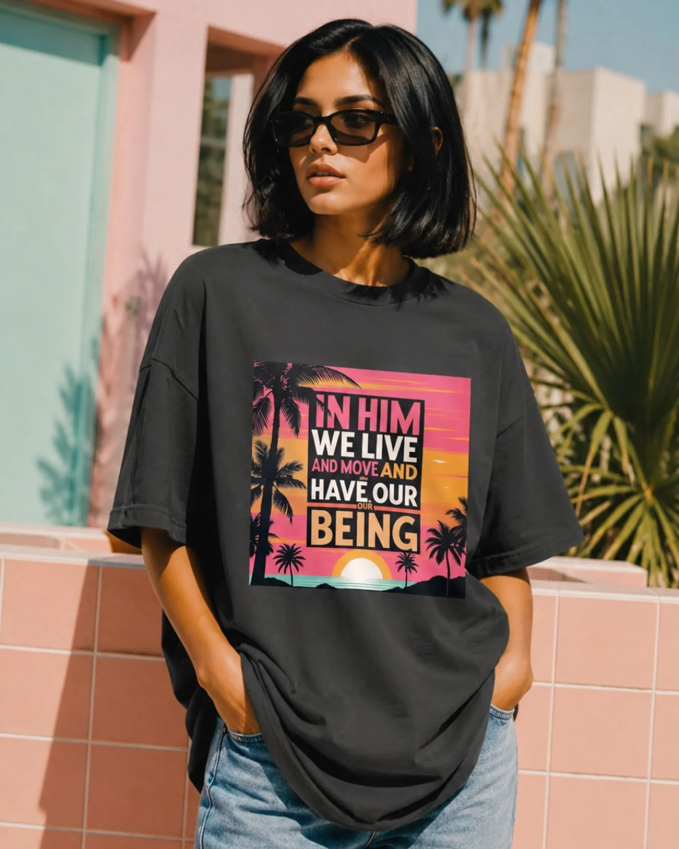 In Him Tropical Oversized Faded UNISEX Tee based on Acts 17:28.

Embrace the versatility of this unisex Oversized faded Tee, designed for those who appreciate the art of layering and creating unique outfits that effortlessly fuse modern trends with a
