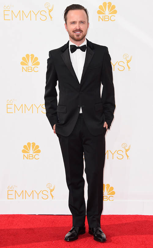 Here, Breaking Bad star Aaron Paul keeps it simple and dapper in a very well fitted tux. While the 2-button notch coat isn’t the most formal option, and he (like most of the guys present) could use a waist covering, he gets major points for his velvet top collar.
