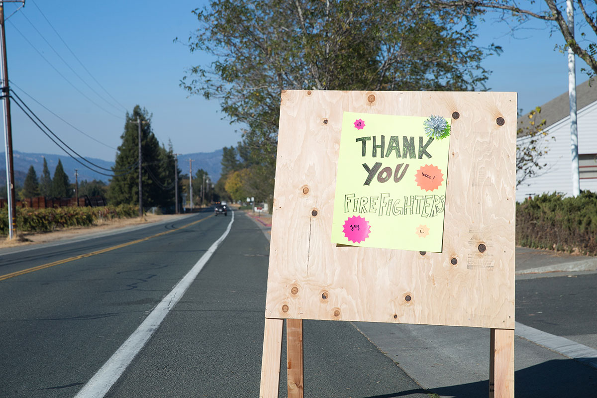 A sign of gratitude in front of the Eagle Peak school in Redwood Valley