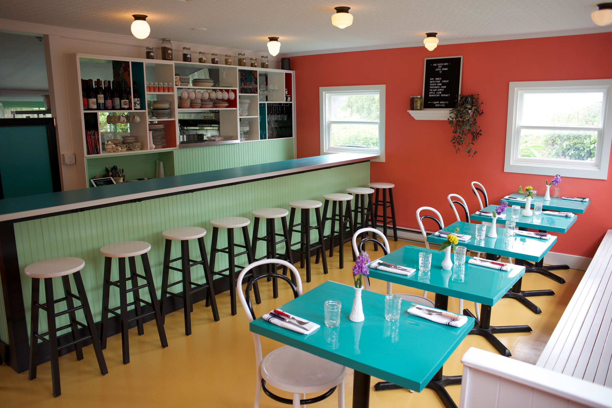 bright retro colors decorate the interior of Fog Eater Cafe