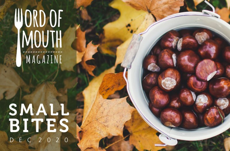 Small Bites December 2020 from Word of Mouth magazine -- image of chestnuts in a pail above a bed of autumn leaves