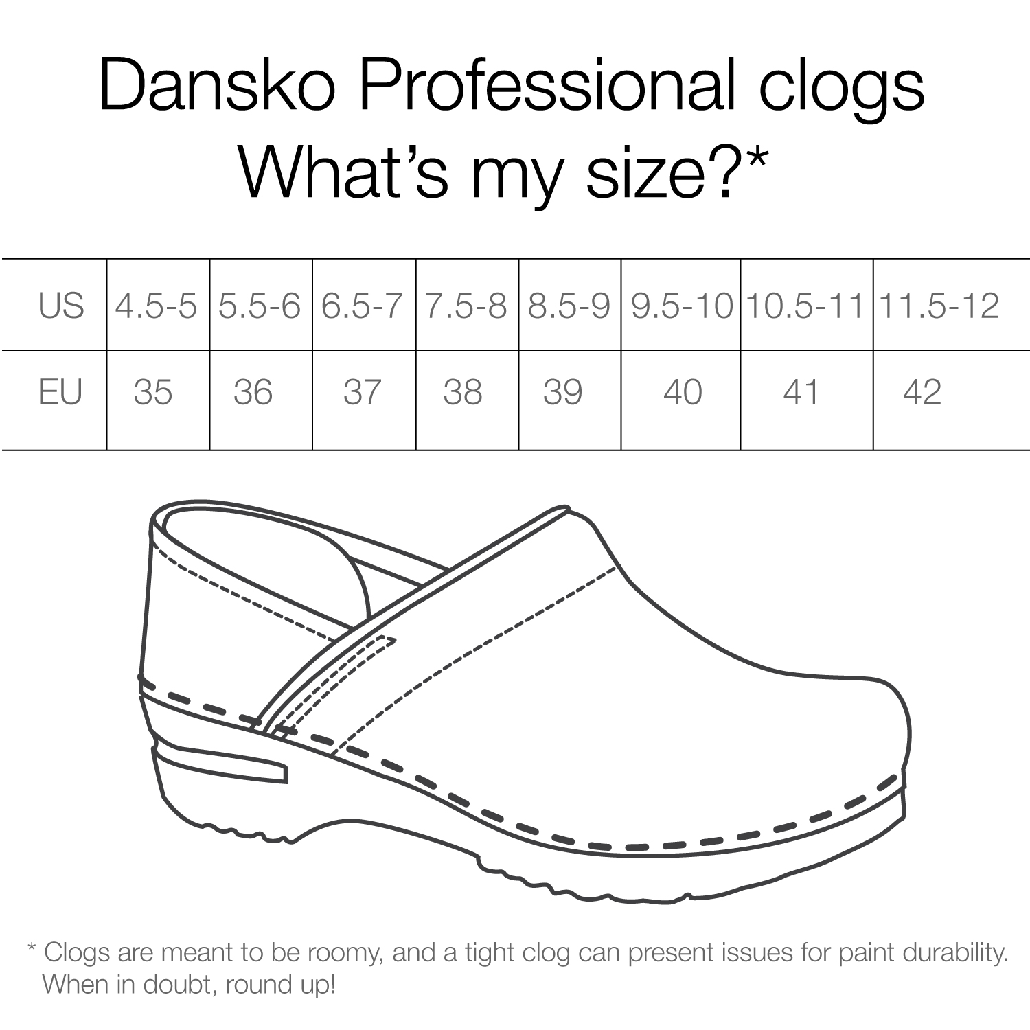 dansko nursing shoes size chart