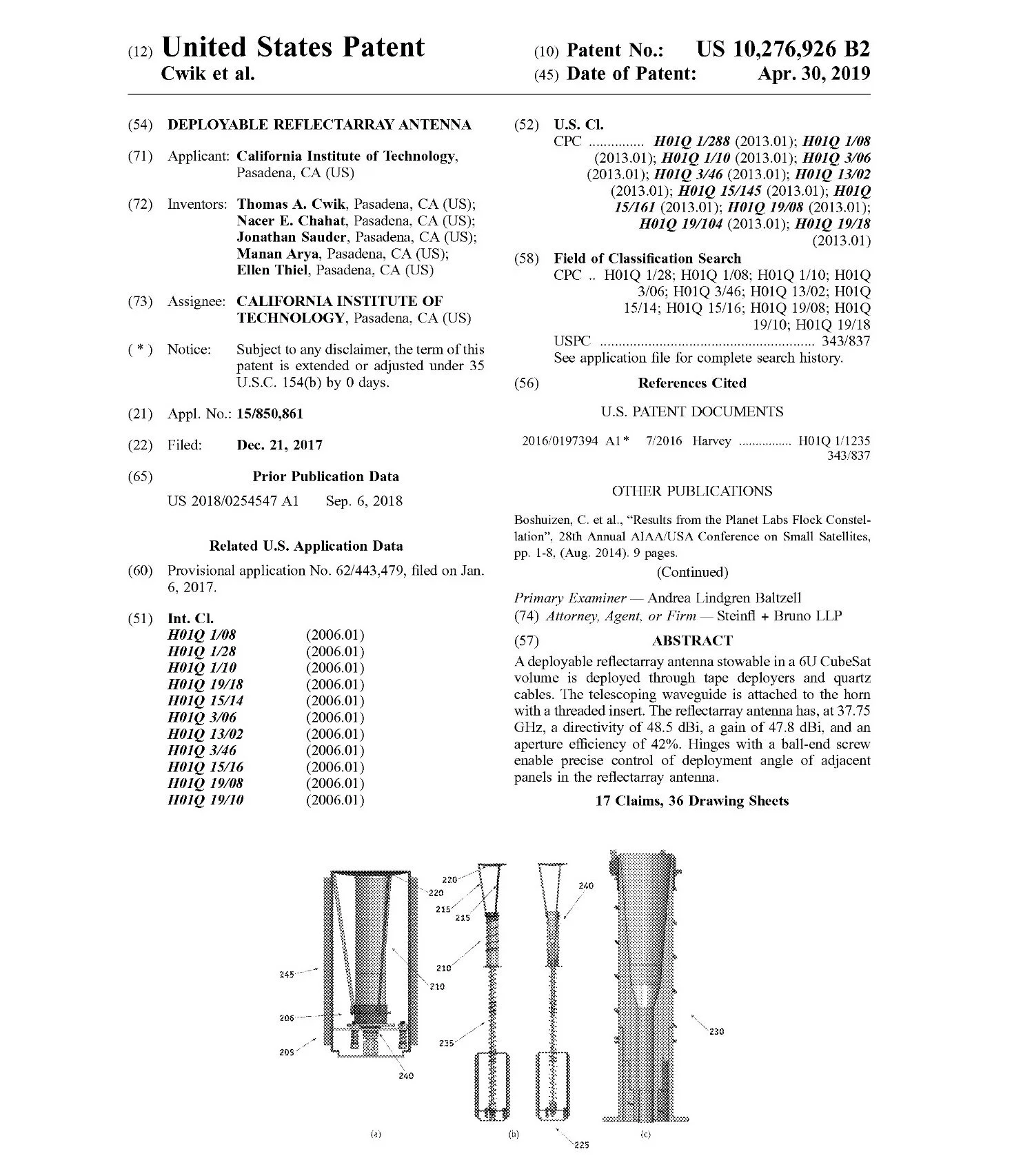 Deployable reflectarray antenna: US Patent 10276926