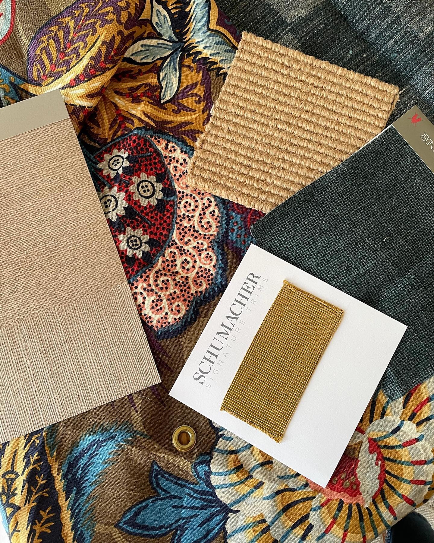 Fall is definitely in the air and I think it may have seeped into this rec room design scheme as well 😂. Not sure if this is the final design, but I sure am loving the rich blues and other jewel tones on a warm, textured backdrop of jute carpet and 