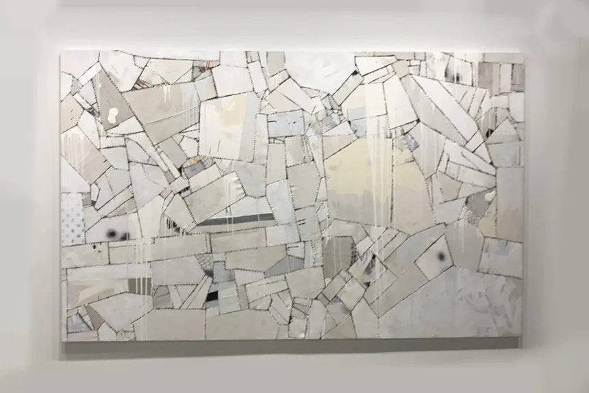 Sally Ross, 'Cumulus' 2017, oil, gesso, enamel, colored pencil, etching ink, and spray paint on canvas, with polyester thread 84"x 144"