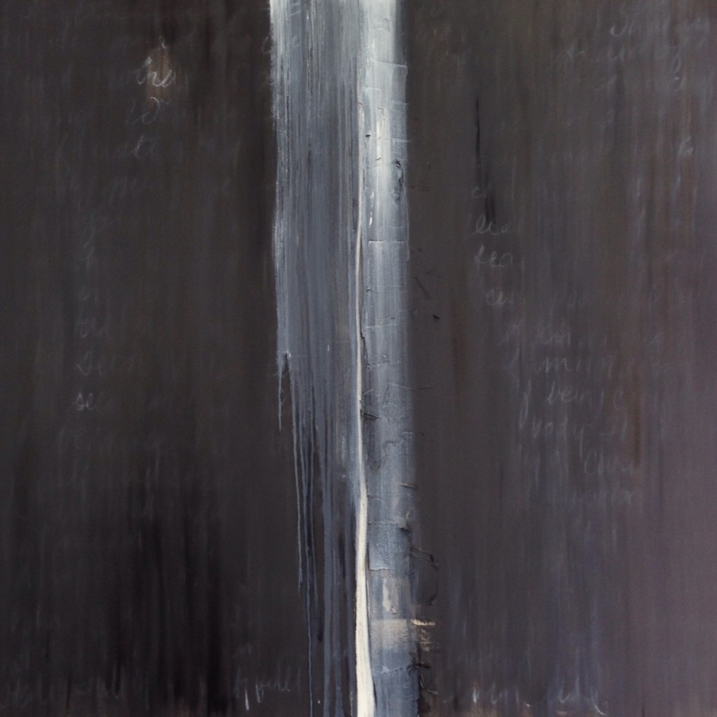 Peace Making I, 2014. Oil, chalk and paper on panel, 48 x 48 in. Jennifer Davey All rights reserved. 