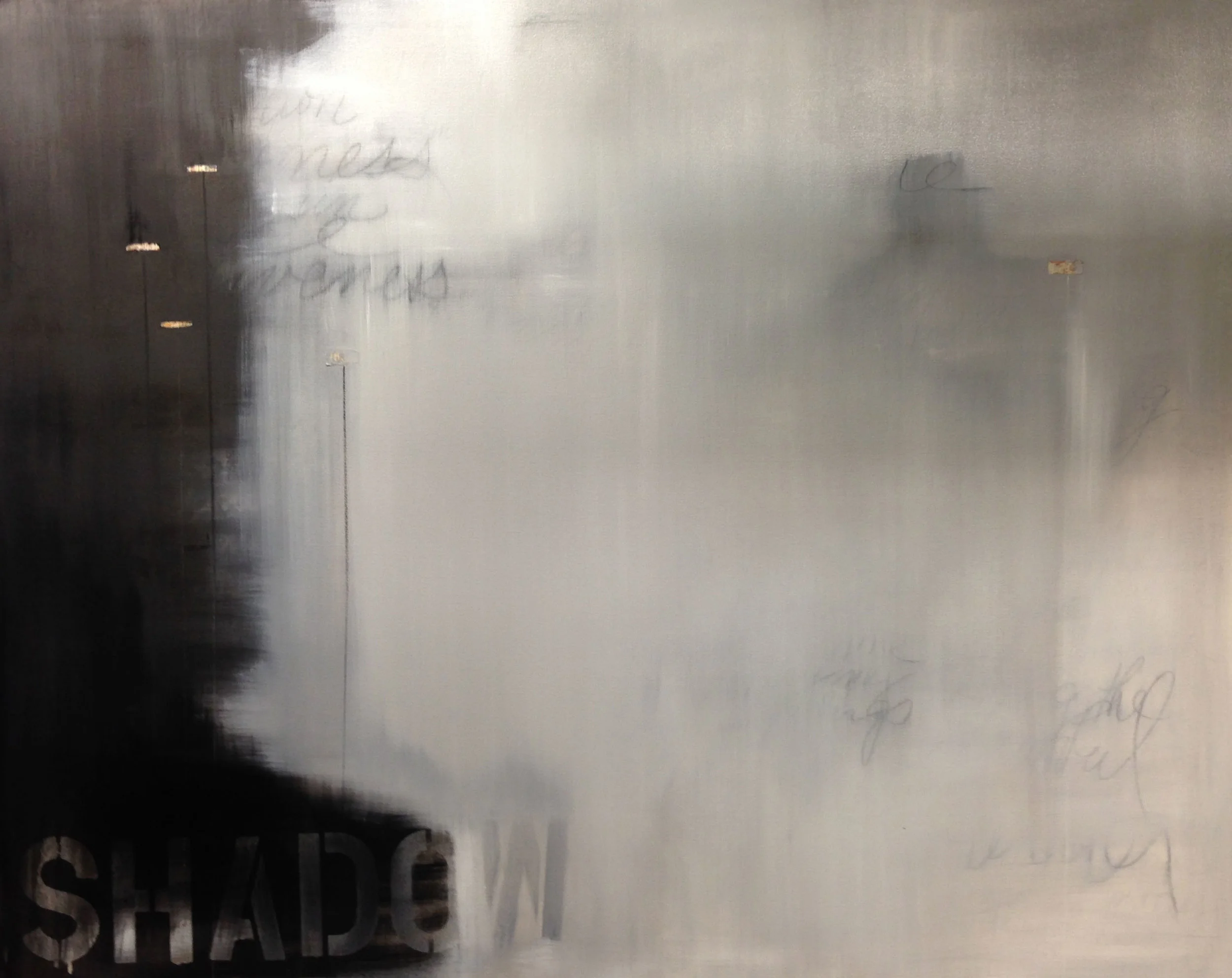 Shadow, 2015. Oil, chalk, and paper on canvas, 48 x 60 in. Jennifer Davey All Rights Reserved