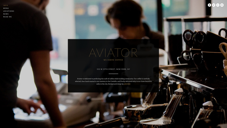 Breng je bedrijf op nieuwe hoogten met Aviator. Gebruik het content overlay system van deze template om de vitale informatie van je bedrijf daar te plaatsen waar niemand het kan missen, en personaliseer dan met slechts een paar klikken het prachtige full screen achtergrond beeld. Het is gemakkelijk Aviator aan te passen, het is onmogelijk het te vergeten. 