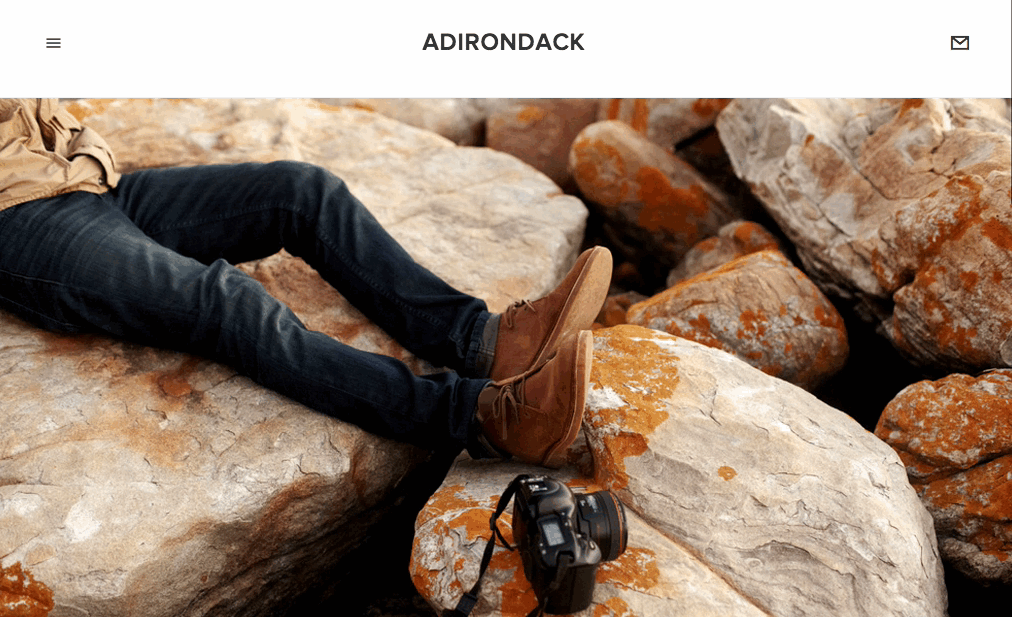 Adirondack is het perfecte template voor zelf-beginners en kundige ondernemers. Zijn minimale navigatie en de volle kopafbeeldingen bieden een gedurfd kader om je merk te tonen.