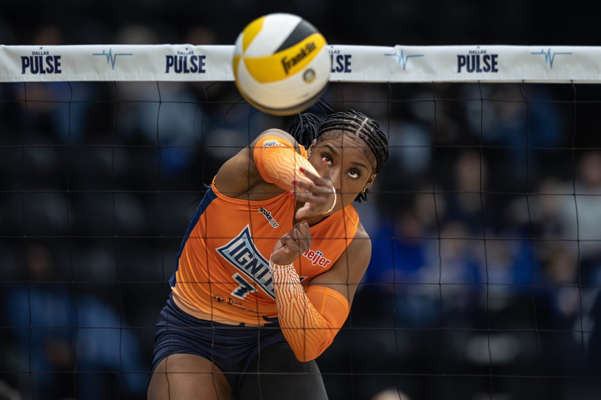 Indy Ignite outside hitter LEKETOR MEMBER-MENEH  spikes the ball during a Major League Volleyball match between the Indy Ignite and Dallas Pulse, January 10, 2026, Frisco, Texas