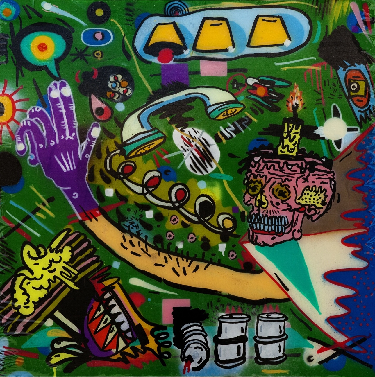 Toxins & Blessings , ca. 2013 Enamel, Paint Marker on Plexi 30 x 30 in. 