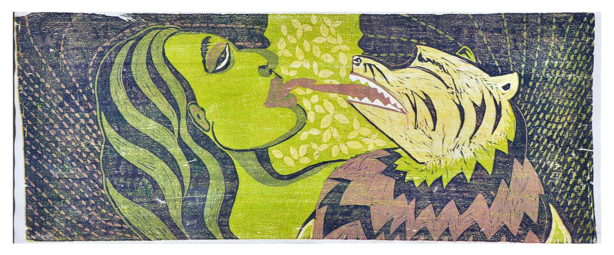 Kissed by the Roar , 2009 Woodcut, Monoprint 15 3/4 x 34 1/2 in.