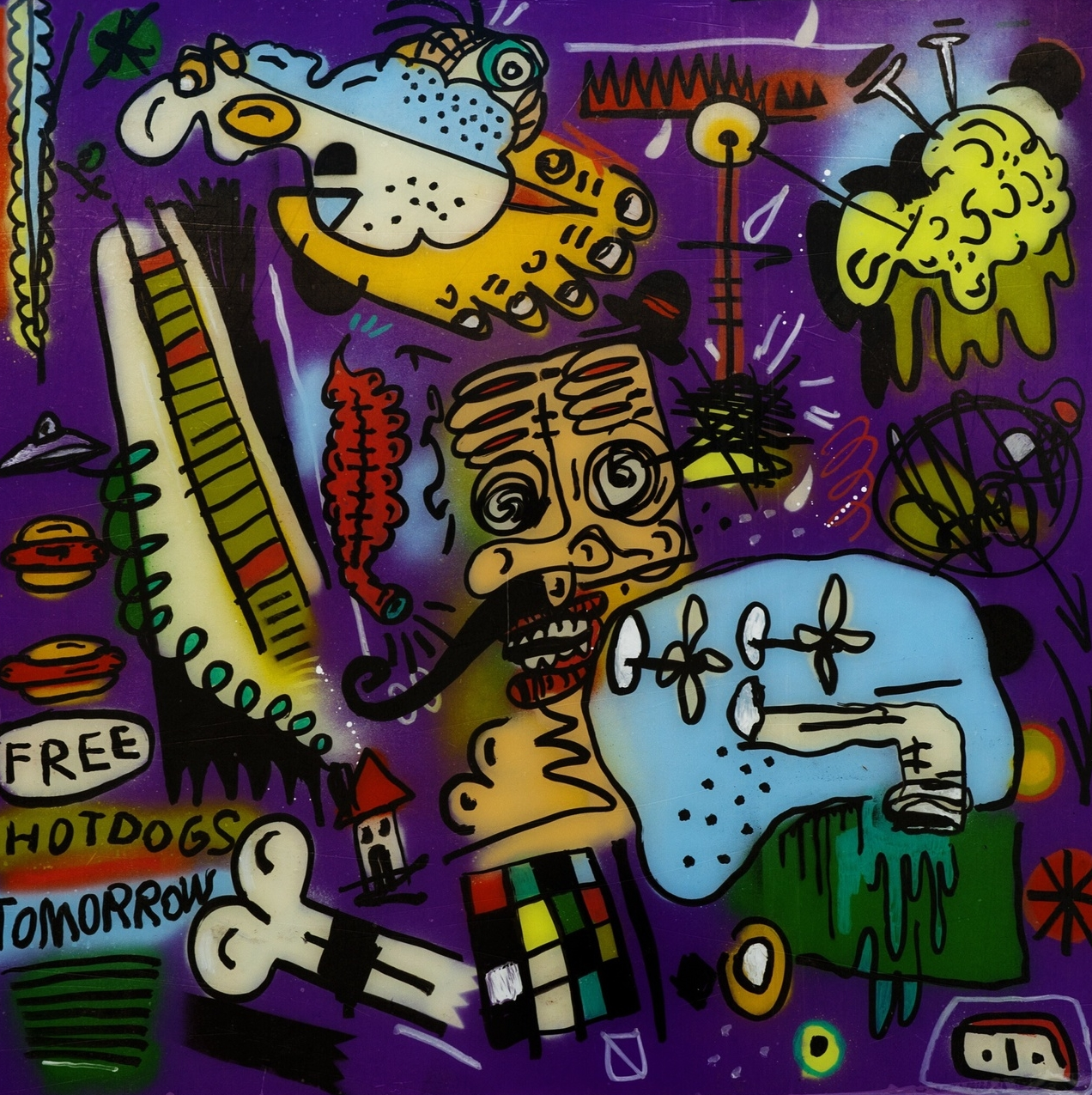 Free Hot Dogs Tomorrow , ca. 2013 Enamel, Paint Marker on Plexi 30 x 30 in. 