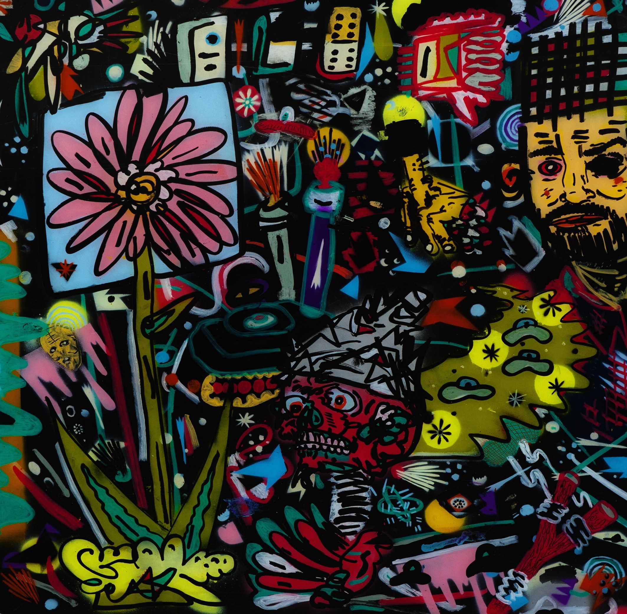 Gardens of aggression , 2014 Enamel, Paint Marker on Plexi 30 x 30 in. 