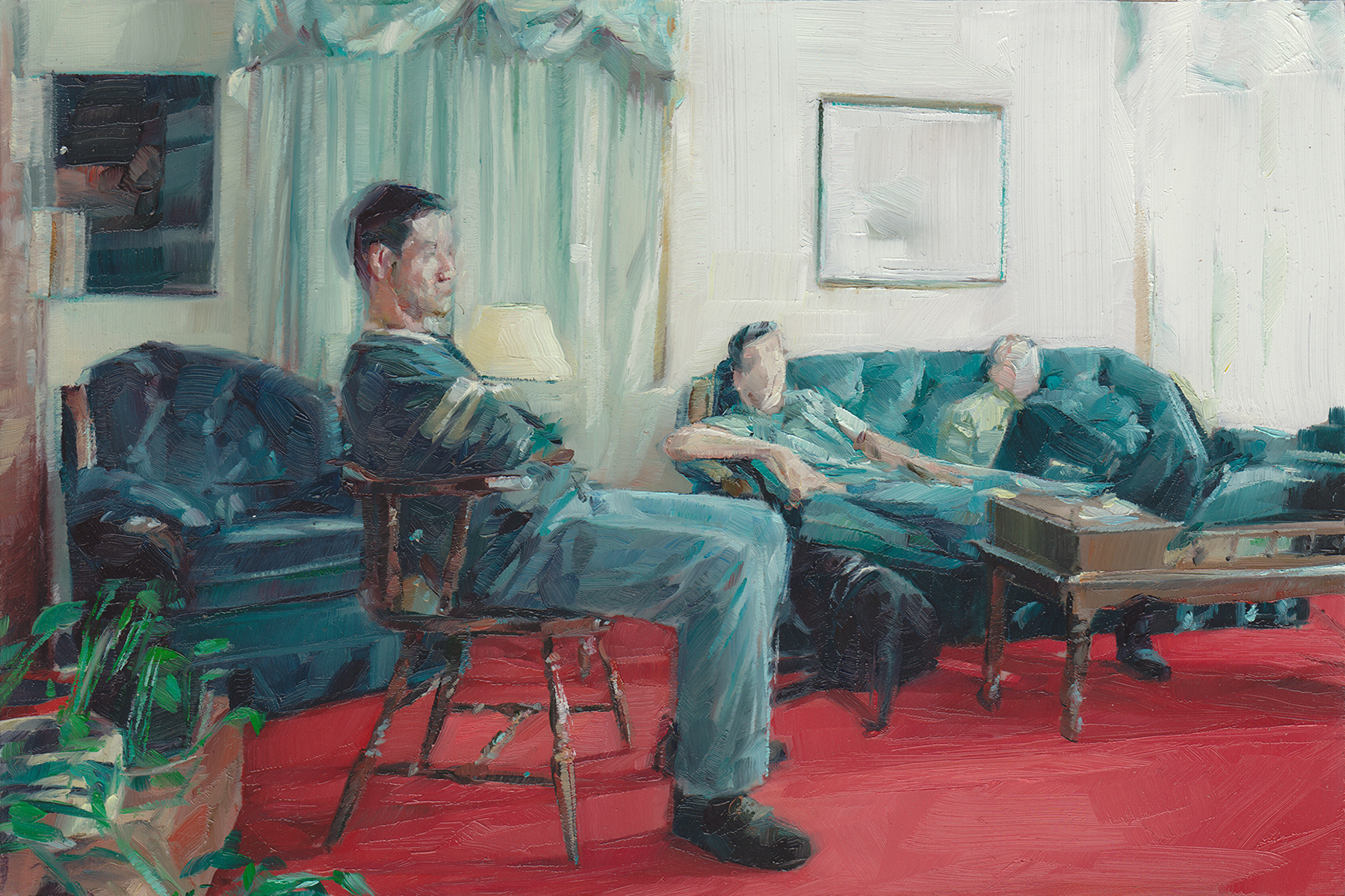 Mike , Tim and Bryan in the Living Room , 2013 Oil on Mylar on Wood 4 x 6 in.