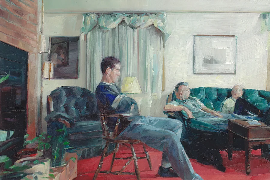 Mike , Tim and Bryan in the Living Room , 2013 Oil on Mylar on Wood 4 x 6 in.