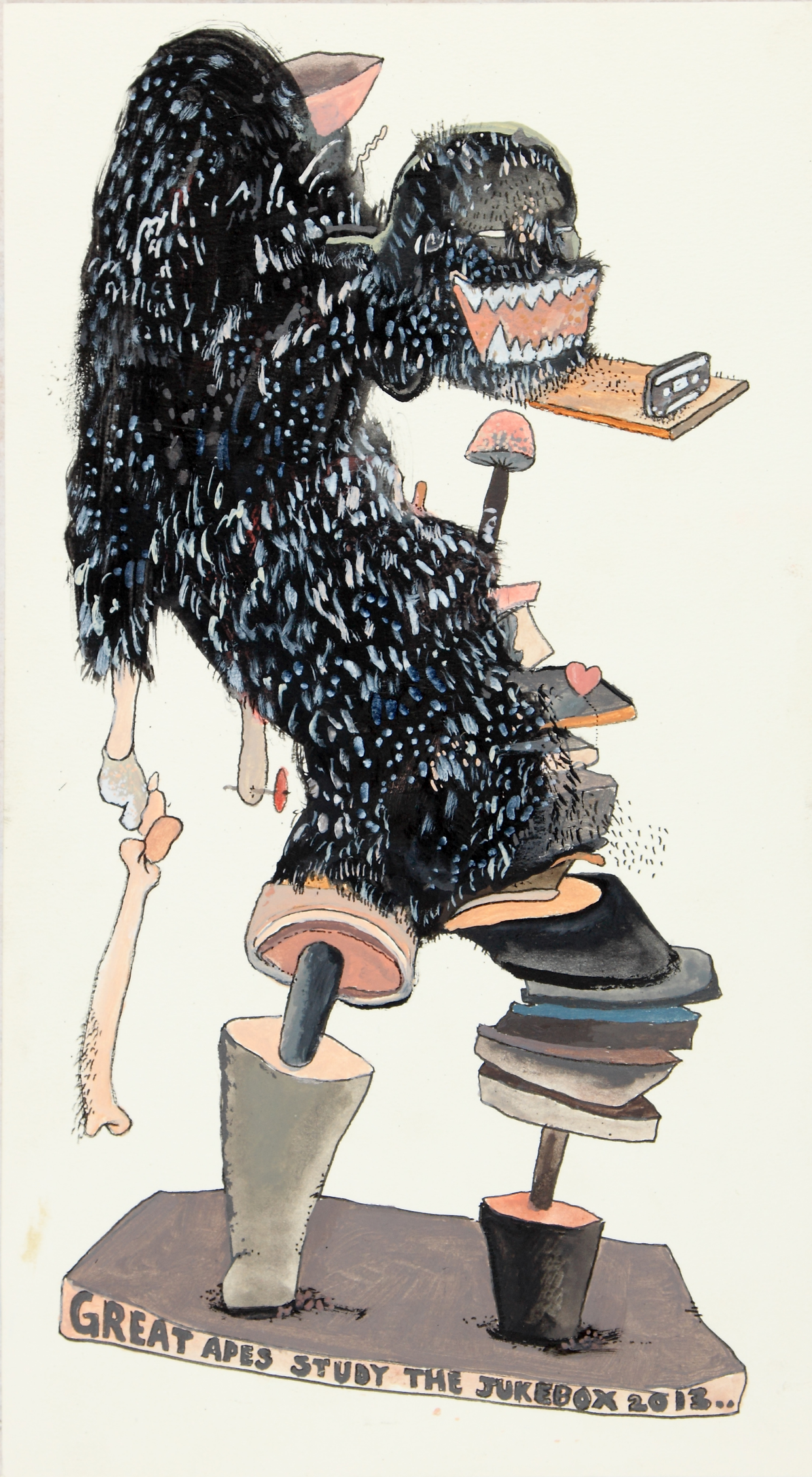 Great Apes Study the Jukebox, 2013 Acrylic on card 7 3/4 x 13 3/4 in.