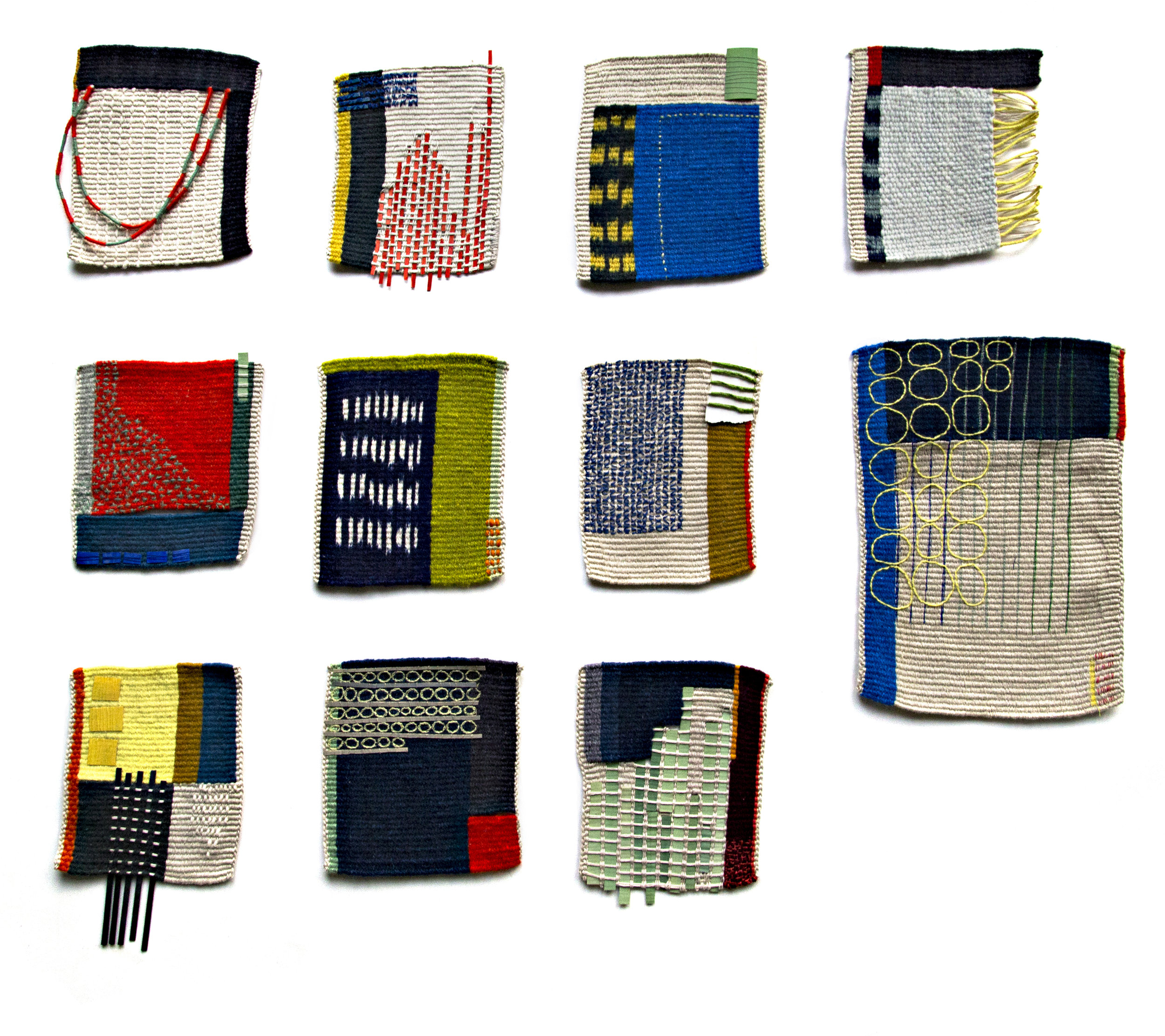  Tapestry and hand embroidery. Dyed Wool, wood veneer.&nbsp;&nbsp;12" x 10" each. &nbsp; 