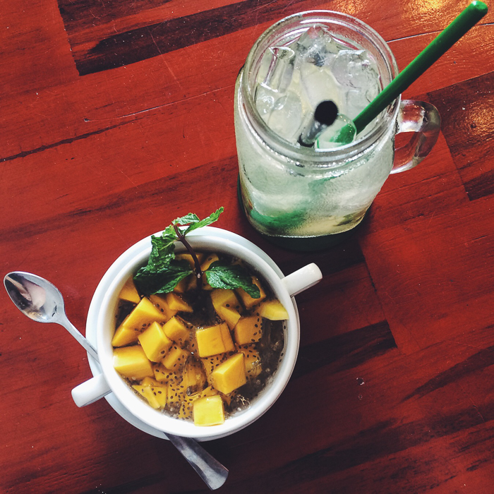 Mango chia salad and some sort of ginger detox drink