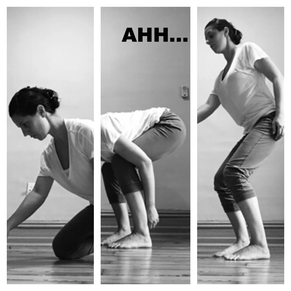 Your hips can bend and your knees can either stay straight or bend depending on the comfort and length of your hamstrings, but most important is that your hips crease as your spine enjoys length.