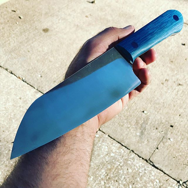 The creation of a big #veggie #slicer in reverse. Note the see-through handle pins and liners and the #handmade blue Micarta by @g.l._hansenandsons  I&rsquo;ll post some good pics of the final product soon, but I thought you&rsquo;d like to see the p