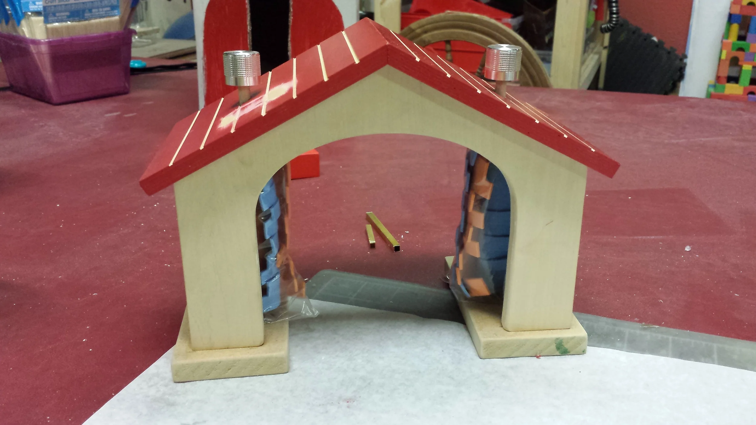 Newly added dowels with foam to turn plain house into car wash. (Playdate 2015)