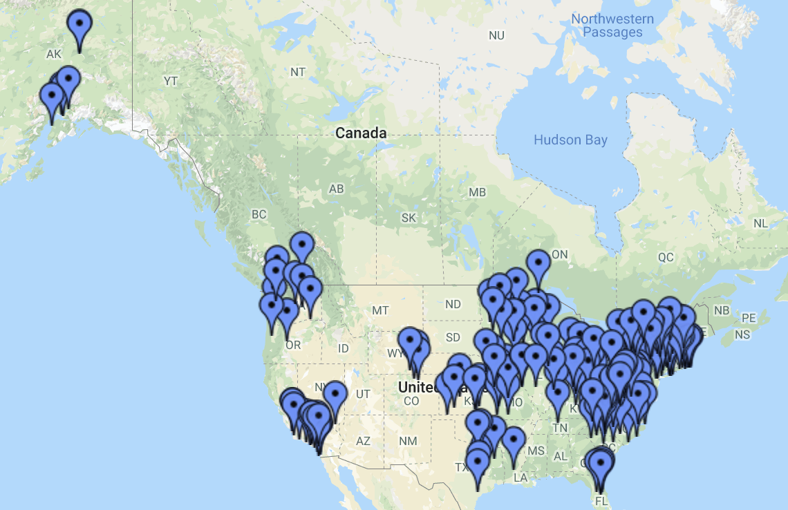 Map of summer league franchises (via Google Maps )
