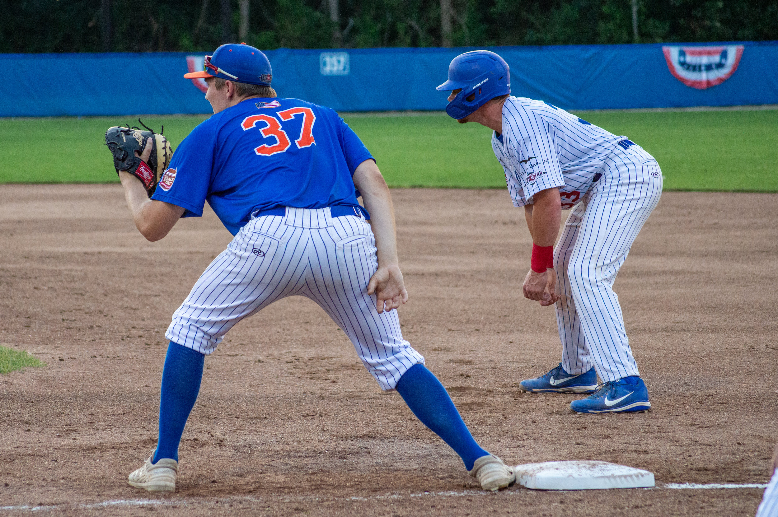 Ian Fair mans his new post at first base for the Hyannis Harbor Hawks in a game against the Chatham Anglers. Photo by Matt Neiser.