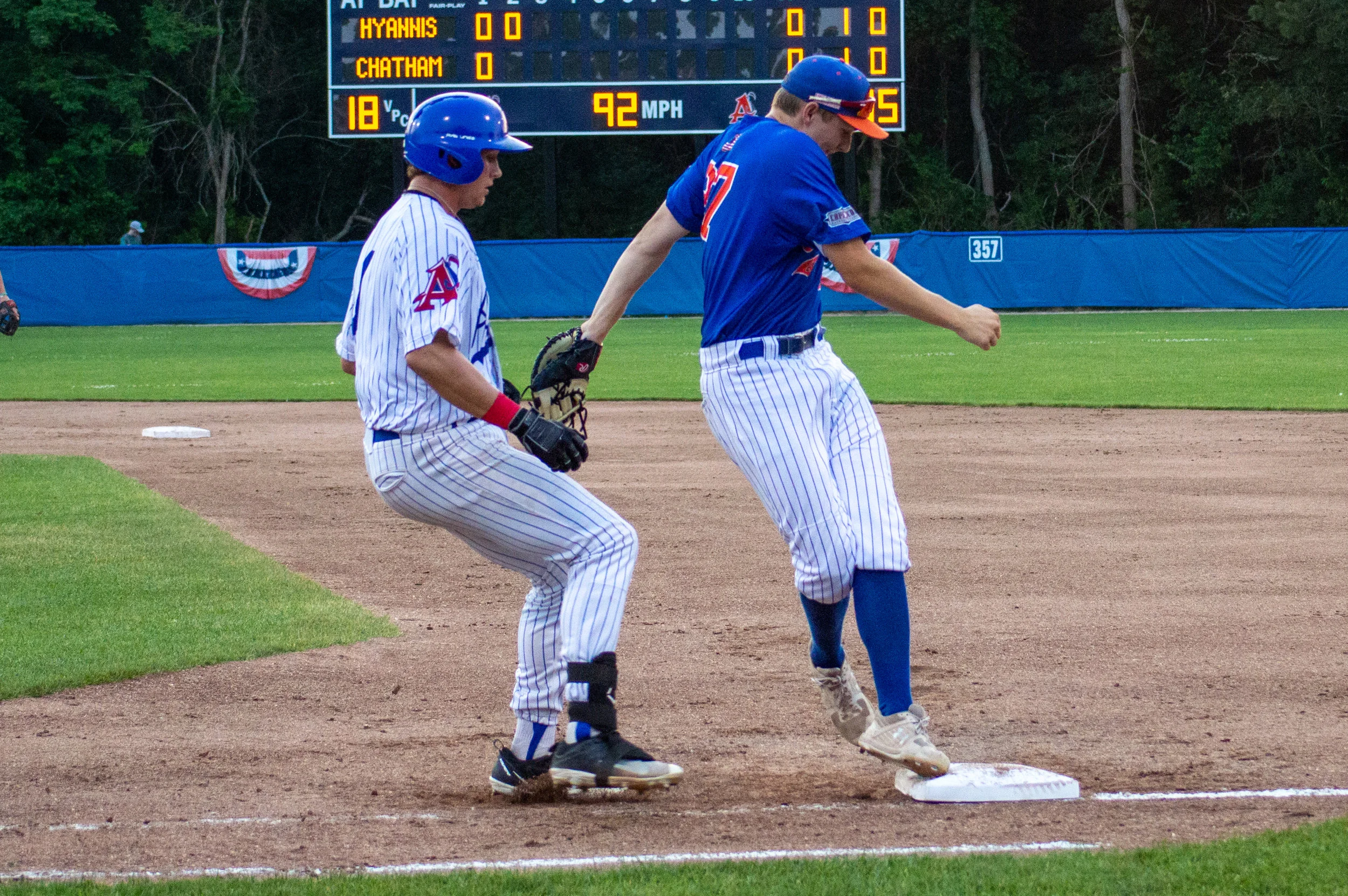 Fair tiptoes back to first base in a game against the Chatham Anglers. Photo by Matt Neiser.