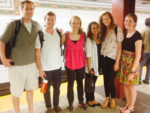 An excited team of LitCamp interns waiting for the subway to Broadway Housing Communities. (From left to right: Will, Adam, Rachael, Ashley, Eve and me, Katya.)