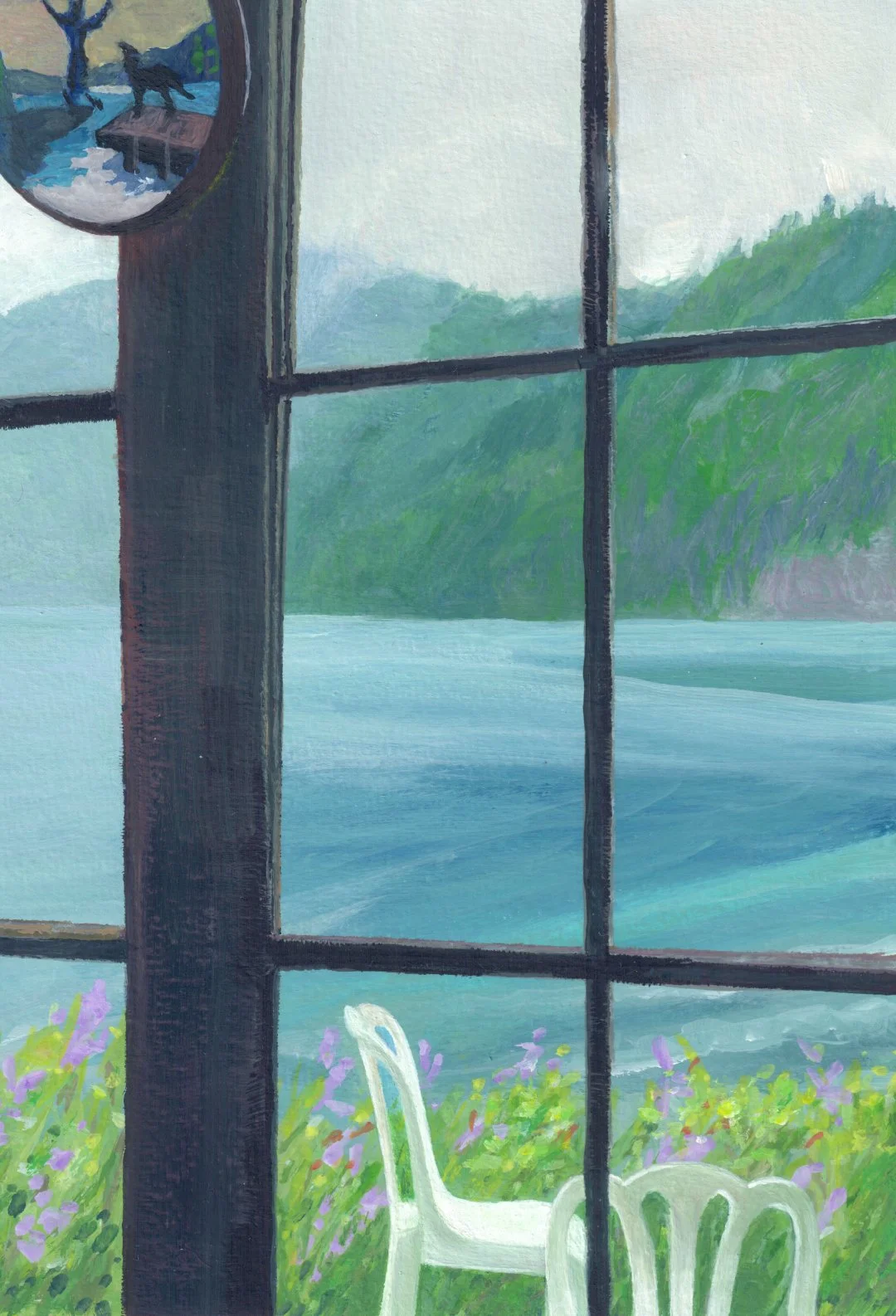Misty Lake Crescent viewed through wood-paned cabin windows