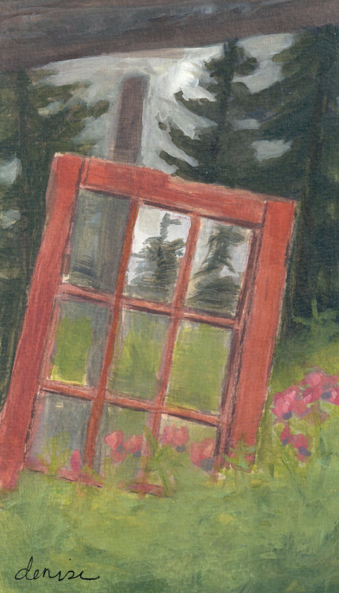 Weathered red door sits amidst wildflowers with a backdrop of evergreen trees