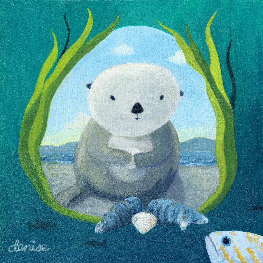 Stylized Otter holding shell on beach within seaweed frame