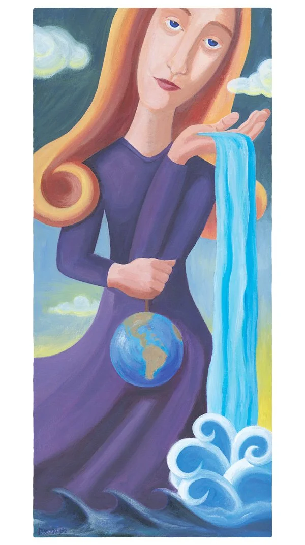 Woman holding earth with waterfall flowing from hand
