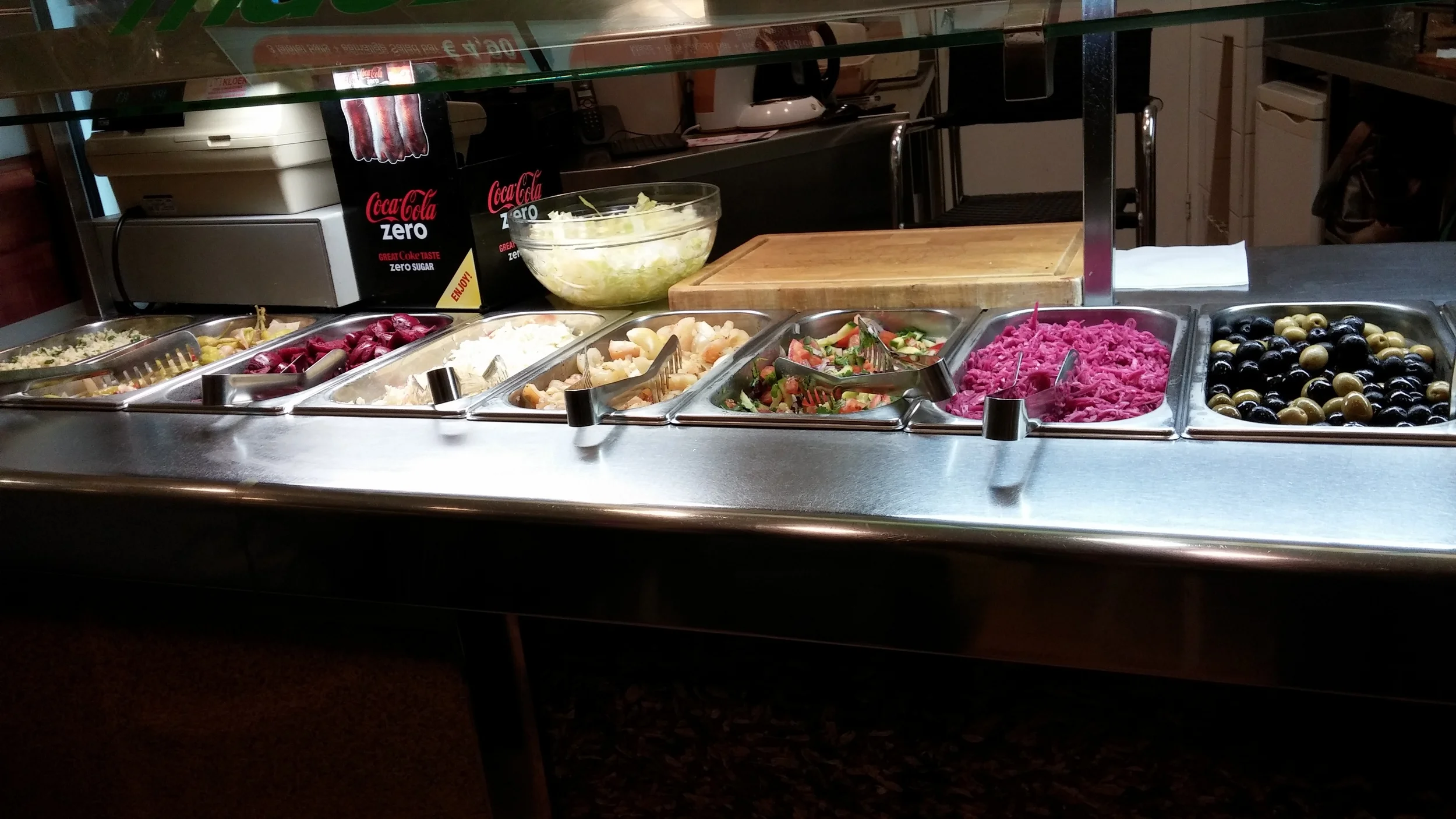 The topping buffet for falafel. It was a make-it-yourself kind of place.