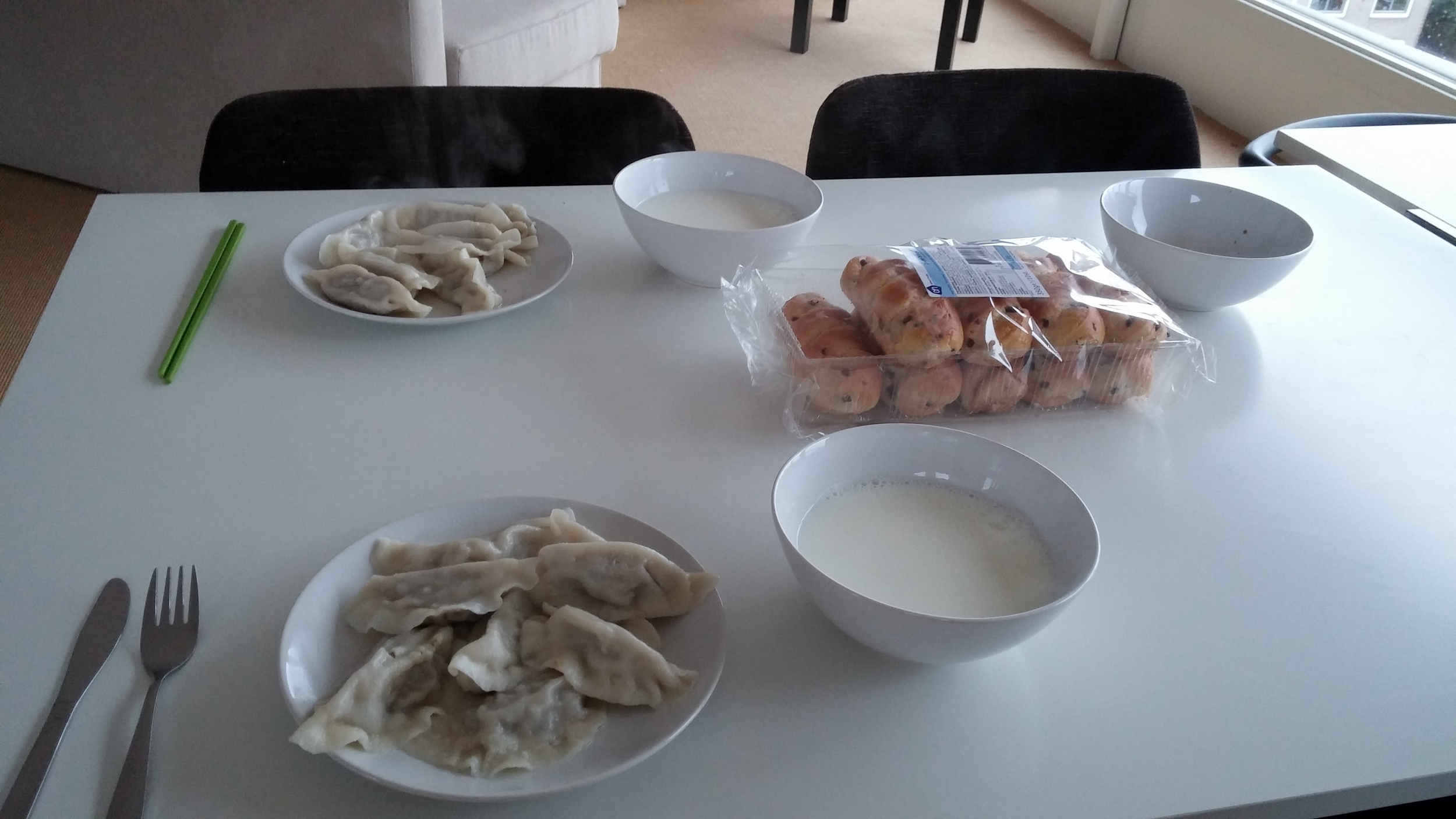Left-over dumplings for breakfast.